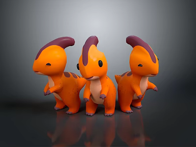 Three Cute Orange Dinosaur Characters With Purple Horns Standing Together 3d model
