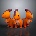 Three Cute Orange Dinosaur Characters With Purple Horns Standing Together