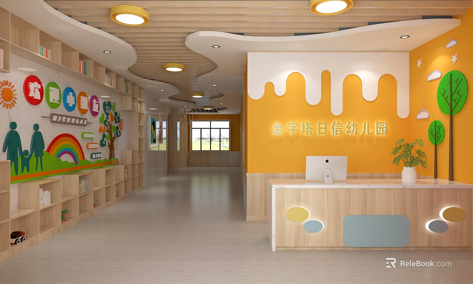 Vibrant Kindergarten Indoor Setting With Orange Walls Rainbow Decorations Bookshelves Reception Desk And Potted Plant 3d model 