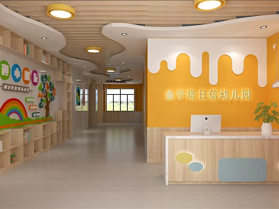 Vibrant Kindergarten Indoor Setting With Orange Walls Rainbow Decorations Bookshelves Reception Desk And Potted Plant 3d model