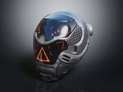 Sci Fi Helmet With Transparent Visor And Orange Geometric Patterns Grey Body Grid Texture Mechanical Components 3d model