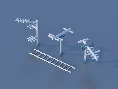 White Metal Antenna Like Structures And Ladder On Blue Background 3d model