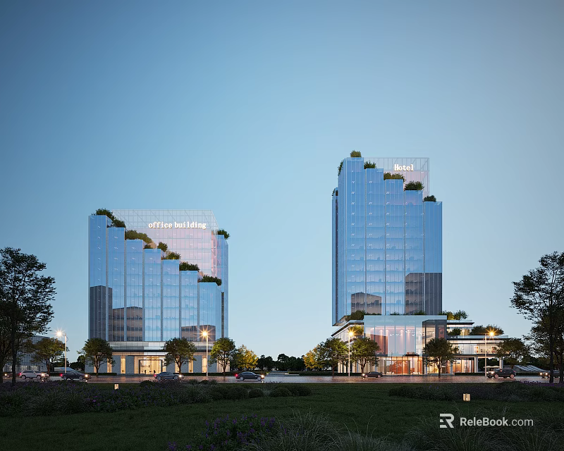 Modern Office Building With Glass Curtain Walls Green Roofs Evening View And Surrounding Trees 3d model 