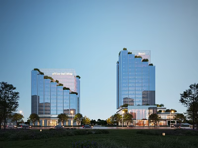 Modern Office Building With Glass Curtain Walls Green Roofs Evening View And Surrounding Trees 3d model