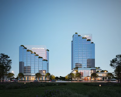 Modern Office Building With Glass Curtain Walls Green Roofs Evening View And Surrounding Trees 3d model