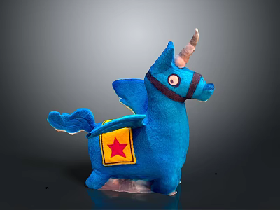 Blue Plush Unicorn Toy With Wings Yellow Star On Back And Black Bridle 3d model
