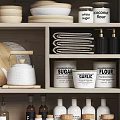 Kitchenware Organized On Wooden Shelves With Kettle Cups Blender And Jars