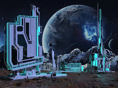 Sci Fi Alien Base Featuring Glowing Blue Structures Giant Planet Mountains Starry Sky And Meteor 3d model