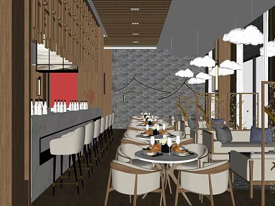 Modern Elegant Restaurant Open Layout With Wooden Elements Marble Bar And Pendant Lights 3d model
