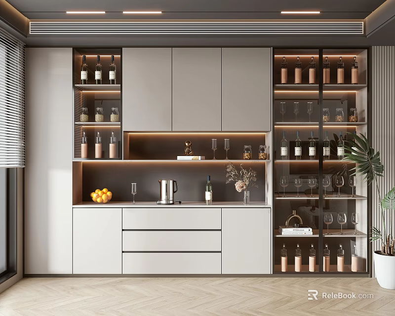 Sleek Wine Cabinet Design With Glass Doors LED Lighting And Decorative Wine Bottles 3d model 