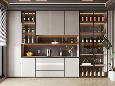 Sleek Wine Cabinet Design With Glass Doors LED Lighting And Decorative Wine Bottles 3d model