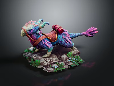 Colorful Fantasy Bird Creature With Red Saddle On Rock Base And Green Plants 3d model