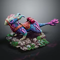 Colorful Fantasy Bird Creature With Red Saddle On Rock Base And Green Plants