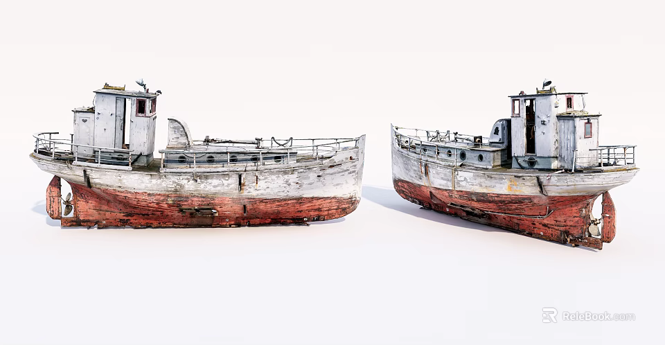 Old Wooden Boats With White And Red Hulls Railings And Small Cabins On White Background 3d model 