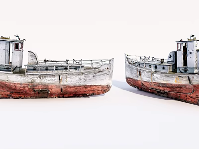 Old Wooden Boats With White And Red Hulls Railings And Small Cabins On White Background 3d model