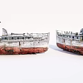 Old Wooden Boats With White And Red Hulls Railings And Small Cabins On White Background