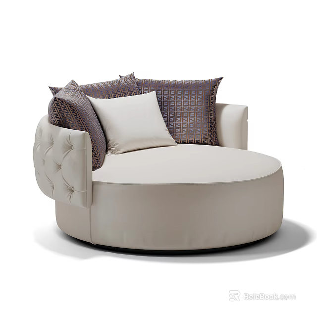 Round Beige Single Sofa With Tufted Armrests And Decorative Brown White Pillows 3d model
