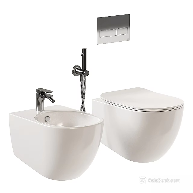 Modern Wall Hung Toilet With Sleek White Design And Matching Wash Basin Faucet 3d model 