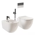 Modern Wall Hung Toilet With Sleek White Design And Matching Wash Basin Faucet