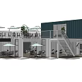 Two Story Blue And White Container Building With Balcony Plants And Outdoor Furniture
