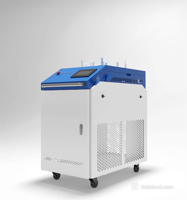 White And Blue Industrial Equipment With Display Screen Red Button And Wheels 3d model 