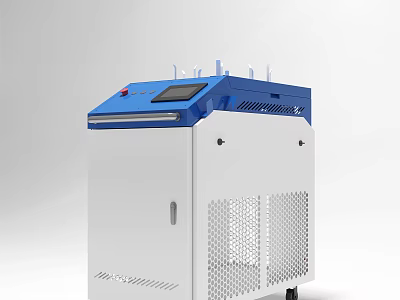 White And Blue Industrial Equipment With Display Screen Red Button And Wheels 3d model