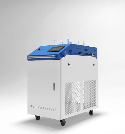 White And Blue Industrial Equipment With Display Screen Red Button And Wheels 3d model