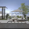 Roof Garden Leisure Area With Outdoor Furniture Yellow Umbrella Fire Pit And Green Plants