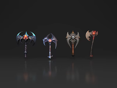 Fantasy Gaming Axes with Four Different Designs Glowing Red Blue Gems and Metallic Texture 3d model