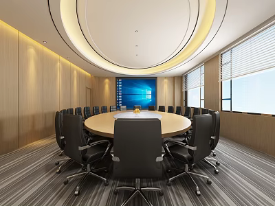 Modern Conference Room With Round Table Black Chairs Large Screen Wooden Walls And Windows 3d model