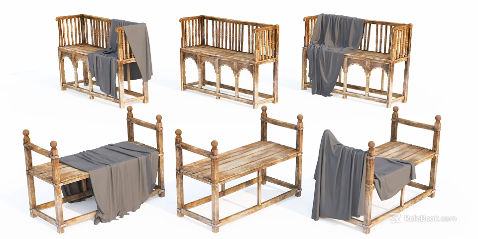 Wooden Leisure Bench Designs With Grey Fabric Draped Over Backrest And Seat 3d model 