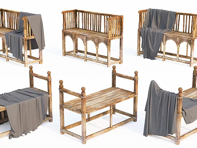 Wooden Leisure Bench Designs With Grey Fabric Draped Over Backrest And Seat 3d model