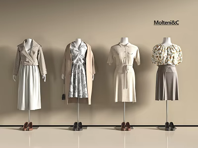 Mannequins Display Various Stylish Outfits Including Trench Coats Dresses Blouses For MolteniC 3d model