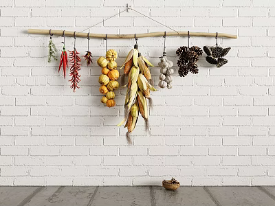 Hanging Various Types of Crops on Wooden Pole Against White Brick Wall 3d model