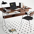 Wooden Desk with Laptop Black Lamp Books Mug Mouse Black Chair and Round Monochrome Rug
