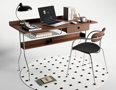 Wooden Desk with Laptop Black Lamp Books Mug Mouse Black Chair and Round Monochrome Rug 3d model