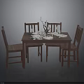 Modern Wooden Dining Table Set With Four Chairs And Tableware Decorations
