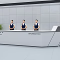 Modern Information Reception Desk With Staff And Green Plants In Tile Wall Setting