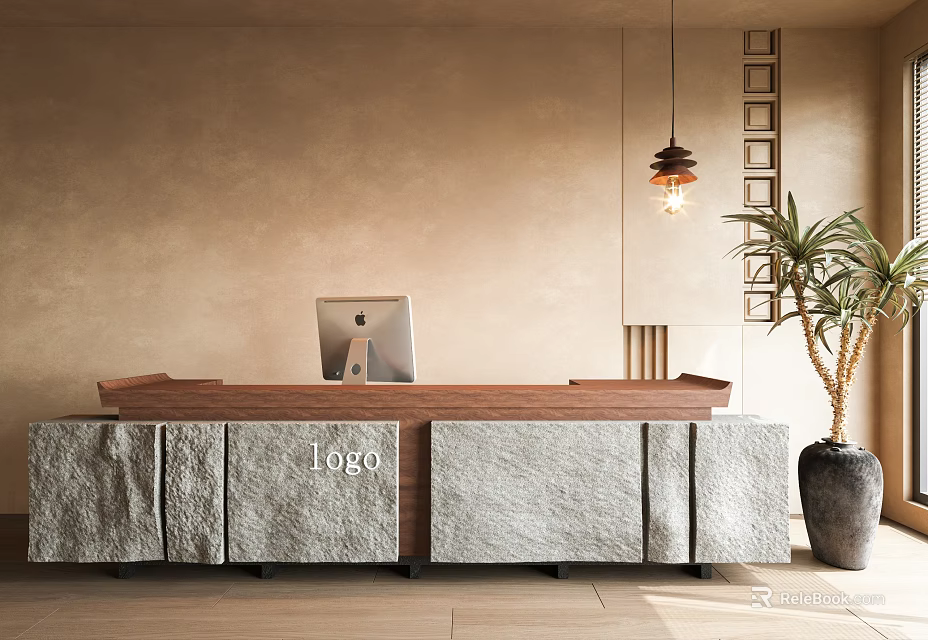 Elegant Reception Desk Featuring Wooden Stone Panels Logo Beige Wall Pendant Light And Potted Plant 3d model 