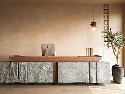 Elegant Reception Desk Featuring Wooden Stone Panels Logo Beige Wall Pendant Light And Potted Plant 3d model