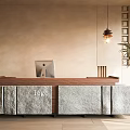 Elegant Reception Desk Featuring Wooden Stone Panels Logo Beige Wall Pendant Light And Potted Plant