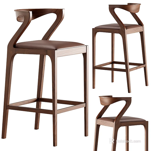 Wooden Bar Stools With High Back Leather Seat And Modern Design Features 3d model 