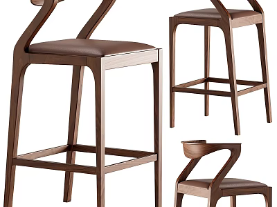Wooden Bar Stools With High Back Leather Seat And Modern Design Features 3d model