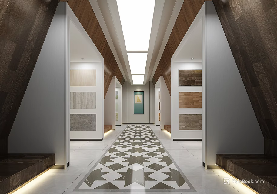 Modern Showroom Corridor With Geometric Pattern Floor And Material Sample Displays 3d model