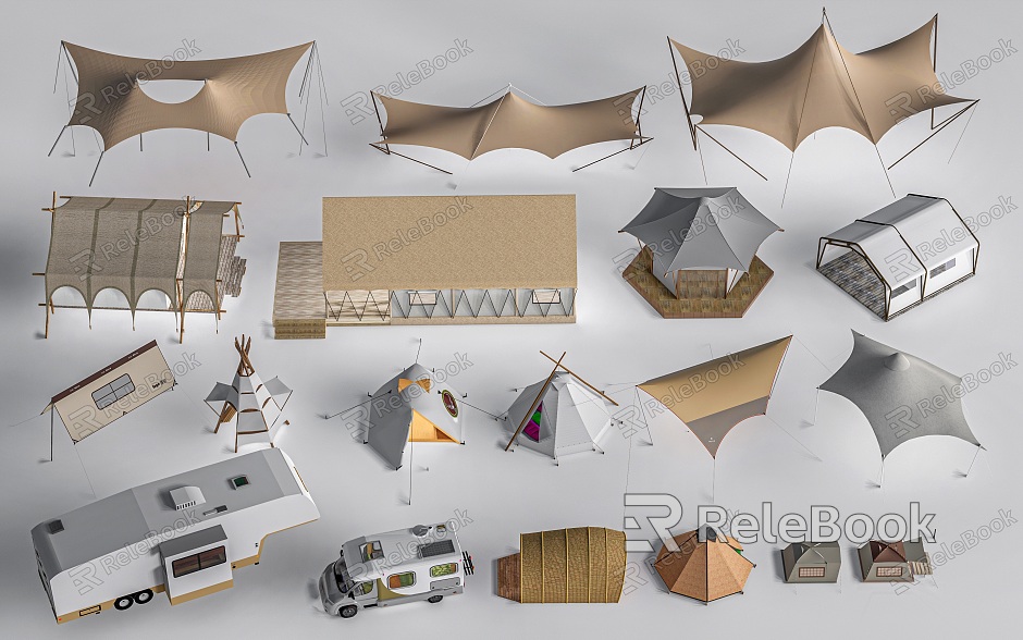 Modern tensioned film camping tent canopy camping facilities camping sketch film-pulling shed model