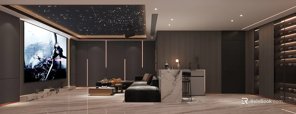 Modern Home Theater Interior With Dark Starry Ceiling Black Sofa And Marble Bar Counter 3d model 
