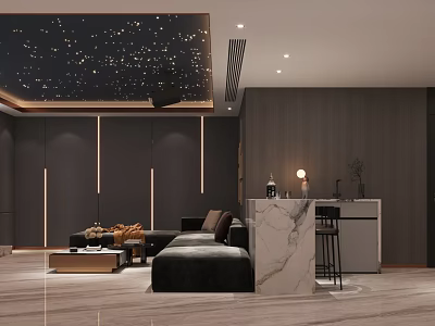 Modern Home Theater Interior With Dark Starry Ceiling Black Sofa And Marble Bar Counter 3d model