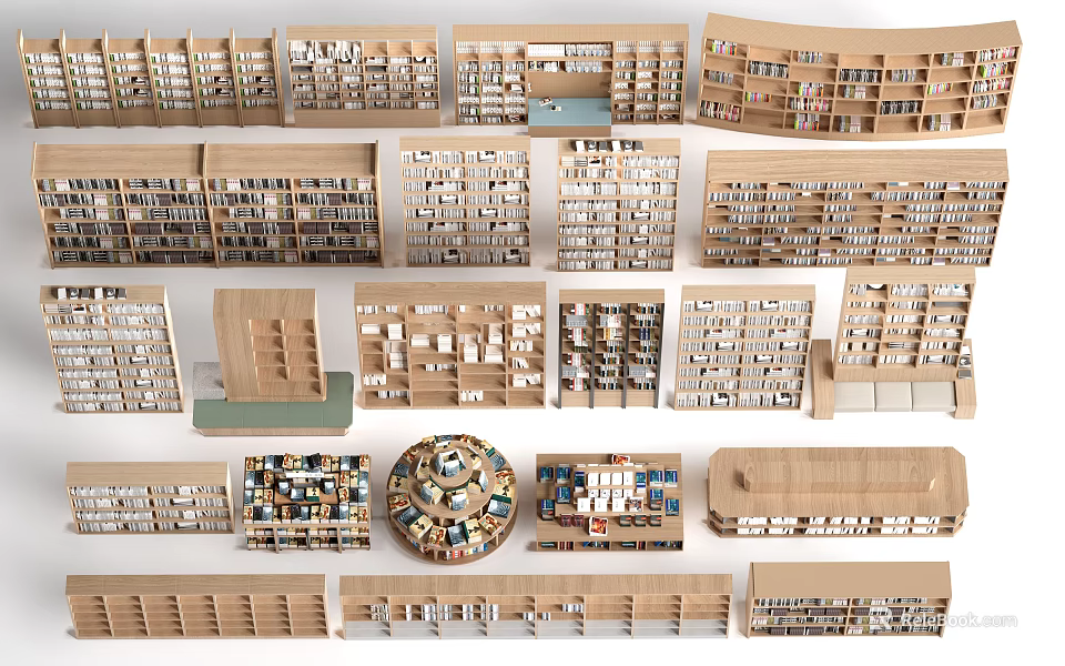 Various Style Wooden Bookcases With Multiple Shelves For Home Library Display Arrangement 3d model 