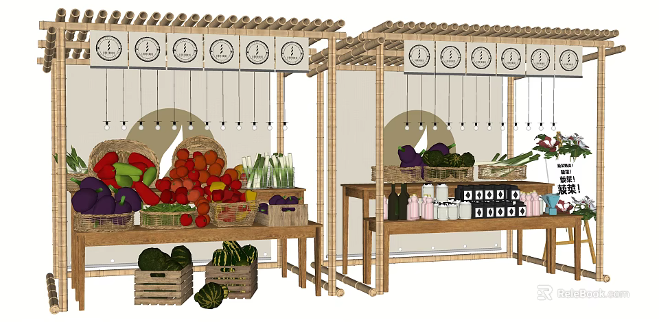 Fresh Farmers Market Stall With Wooden Structure And Hanging Signs Displaying Fruits Vegetables And Bottles 3d model 