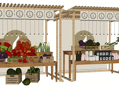 Fresh Farmers Market Stall With Wooden Structure And Hanging Signs Displaying Fruits Vegetables And Bottles 3d model